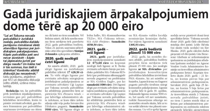 Gadā juridiskajiem ārpakalpojumiem tērē ap 20 000 eiro
